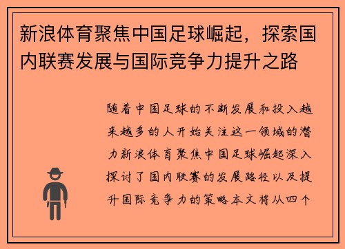 新浪体育聚焦中国足球崛起，探索国内联赛发展与国际竞争力提升之路