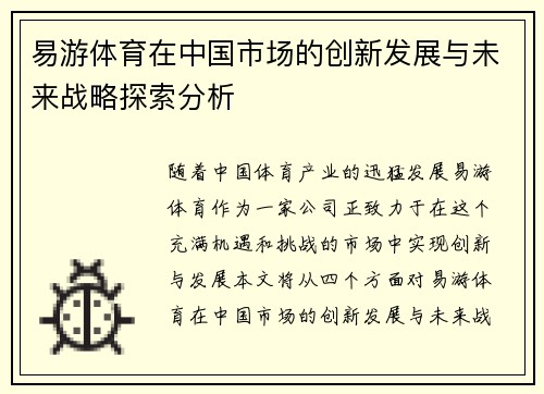 易游体育在中国市场的创新发展与未来战略探索分析