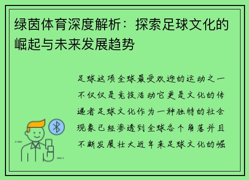 绿茵体育深度解析：探索足球文化的崛起与未来发展趋势